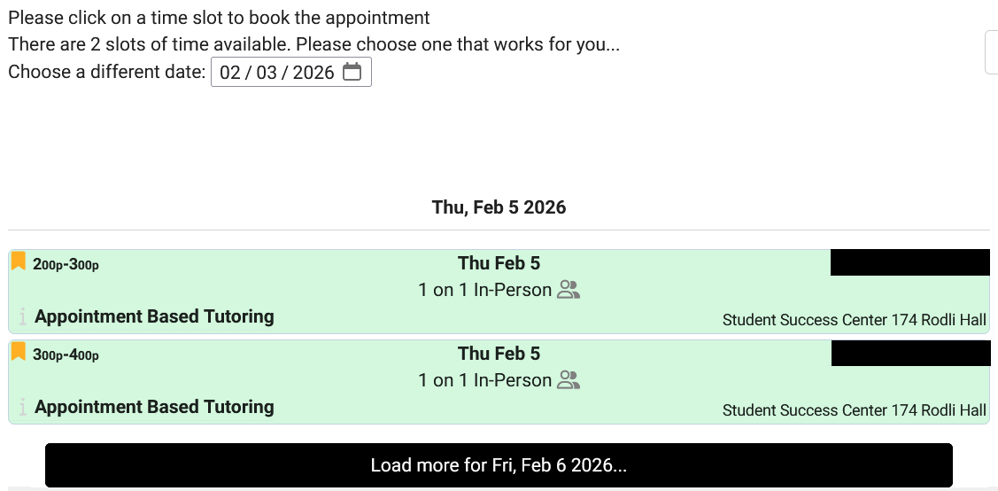 A selection of available appointments.